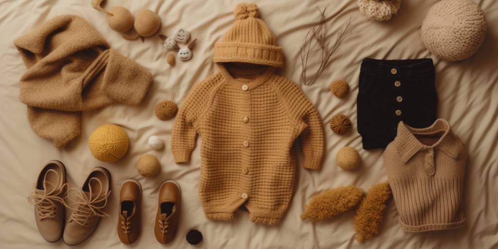 Baby clothes scattered on top of a bed.