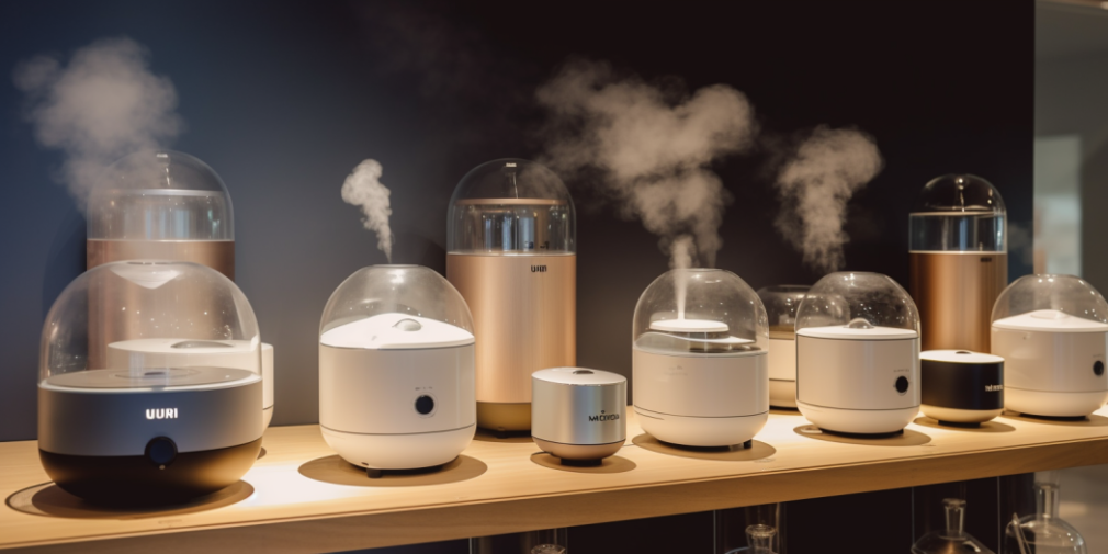 Various types of humidifiers placed on a brown table against a dark wall.
