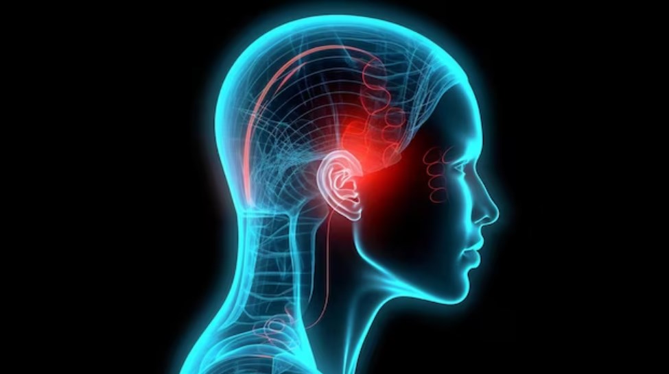 a neon-line depiction of tinnitus or ear pain on a black background