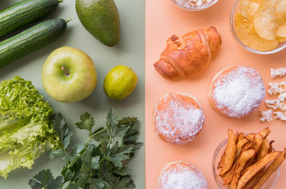 top view of greens, fruits, and vegetables on the left, and unhealthy snacks on the right