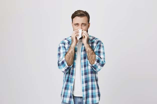 A man holds a napkin near his nose