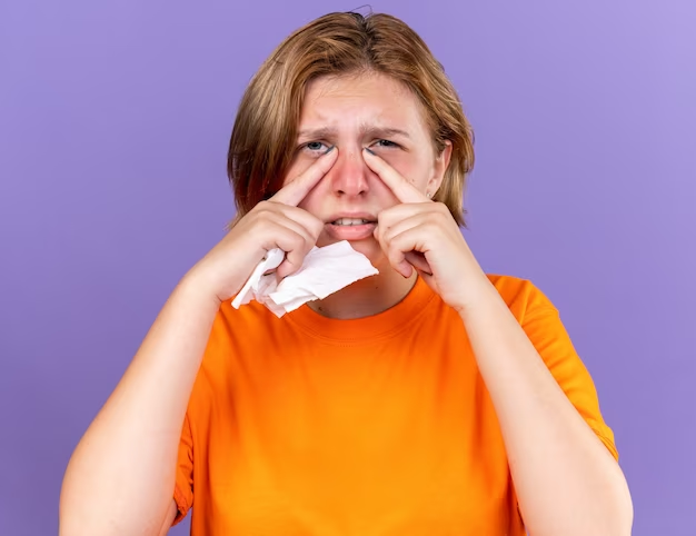 Unhealthy young woman in orange t-shirt holding her nose