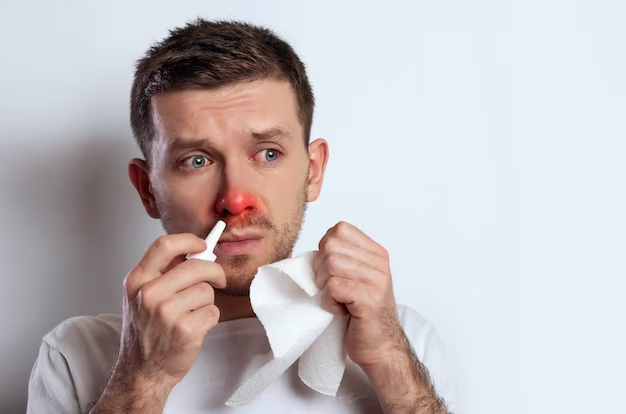 Young man with red nose and allergies